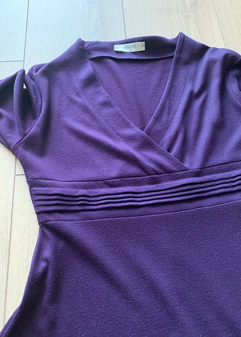 Mor V Yakalı Uzun koton Elbise - Görsel 2