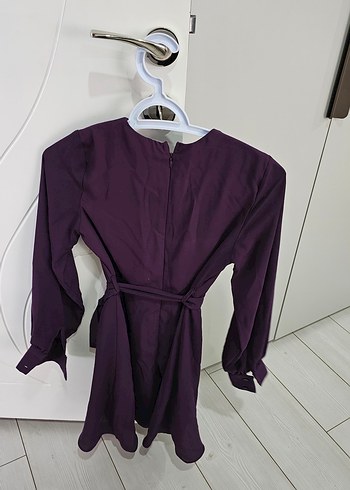 Kadın Mor Midi Uzun Kollu Kuşaklı Elbise - Görsel 2
