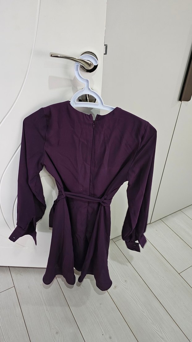 Kadın Mor Midi Uzun Kollu Kuşaklı Elbise - Görsel 2