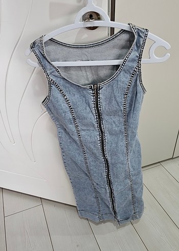 Fermuarlı oval Yaka Kot Midi Elbise - Görsel 2