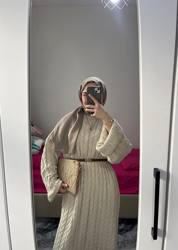 Uzun krem rengi triko elbise - Görsel 3