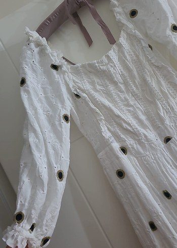 Dantel Detaylı Beyaz Uzun Bohem Keten Elbise - Görsel 3