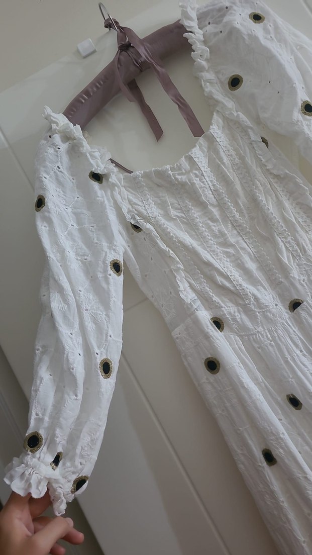 Dantel Detaylı Beyaz Uzun Bohem Keten Elbise - Görsel 3