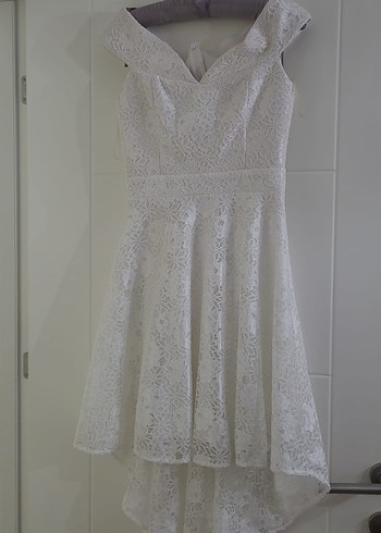 V Yaka Kolsuz Midi Beyaz Mini Gelinlik nikahlik - Görsel 4