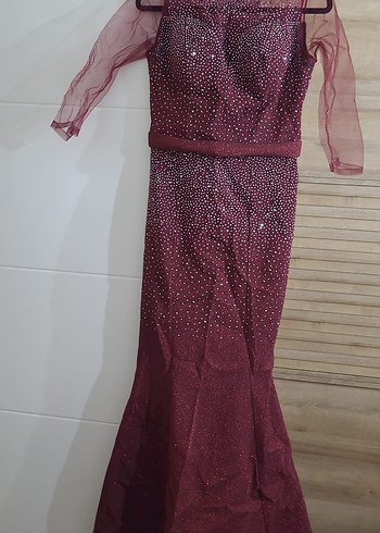 Bordo Abiye Elbise etegi takip çikarilabilir fermarli kol cikblr - Görsel 4