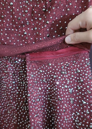 Bordo Abiye Elbise etegi takip çikarilabilir fermarli kol cikblr - Görsel 2