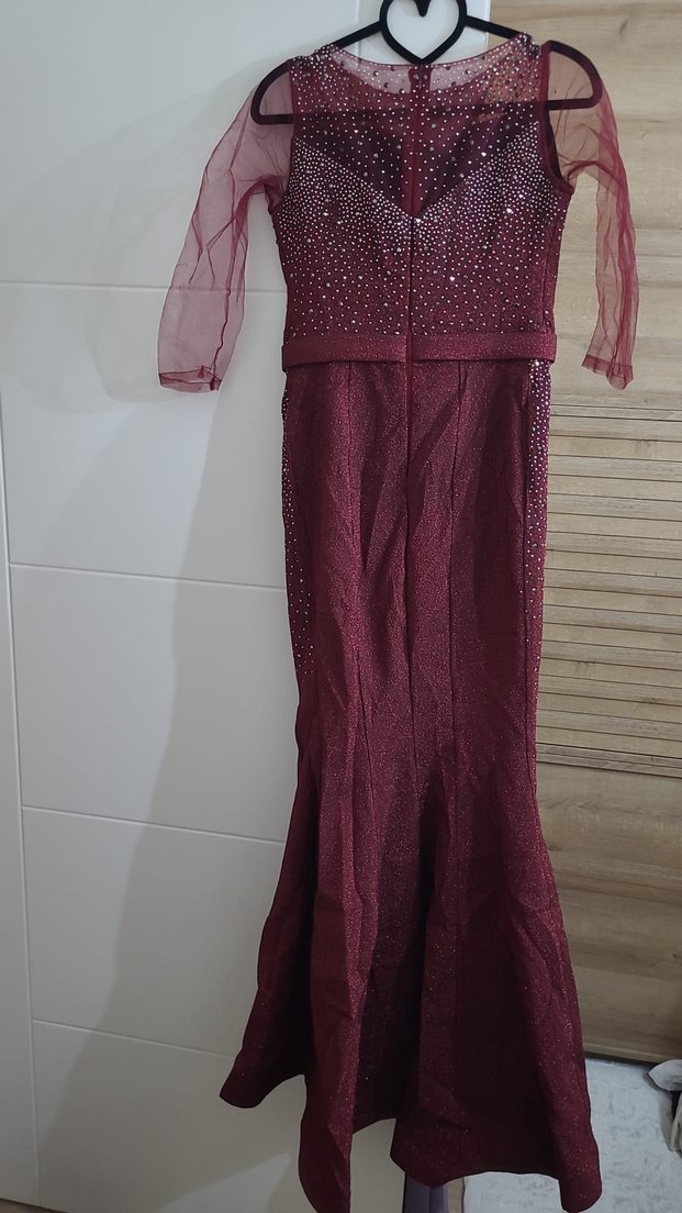 Bordo Abiye Elbise etegi takip çikarilabilir fermarli kol cikblr - Görsel 5