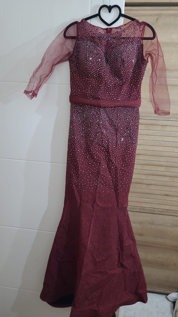 Bordo Abiye Elbise etegi takip çikarilabilir fermarli kol cikblr - Görsel 4