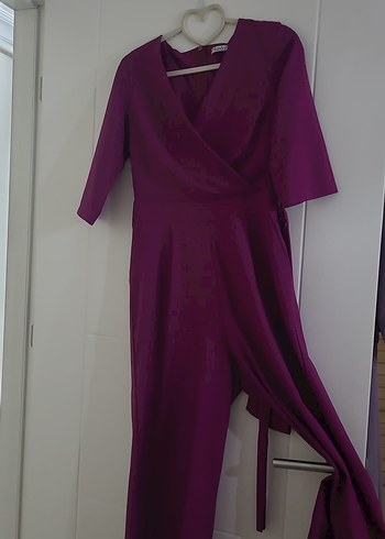 Mor Uzun Kadın Elbise V Yaka tulum - Görsel 2