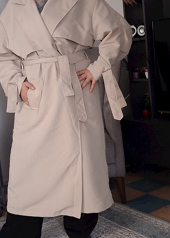 Bej Midi Keten Kadın Trençkot - Görsel 2