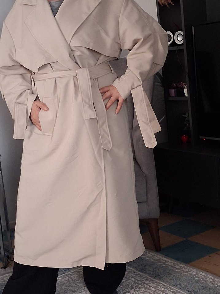 Bej Midi Keten Kadın Trençkot - Görsel 2