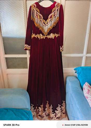 Bordo Nakışlı Uzun Kollu Kadın Bindallı Elbise - Görsel 2