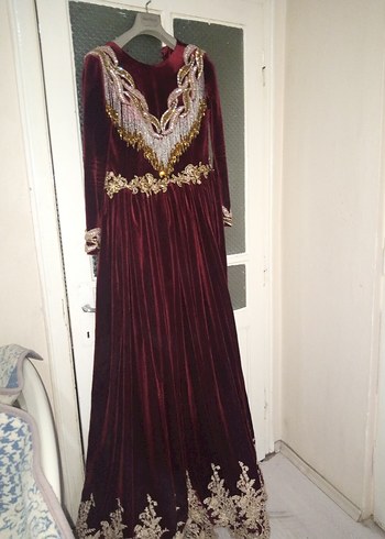 Bordo Nakışlı Uzun Kollu Kadın Bindallı Elbise - Görsel 4