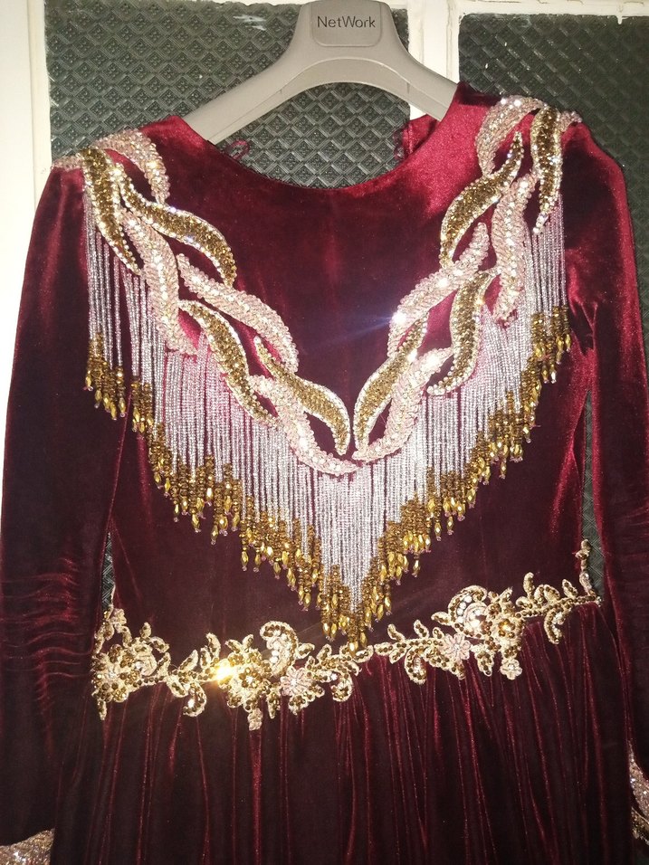 Bordo Nakışlı Uzun Kollu Kadın Bindallı Elbise - Görsel 5