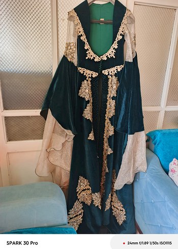 Uzun Turkuaz Nakışlı Bohem Kadın kaftan - Görsel 2