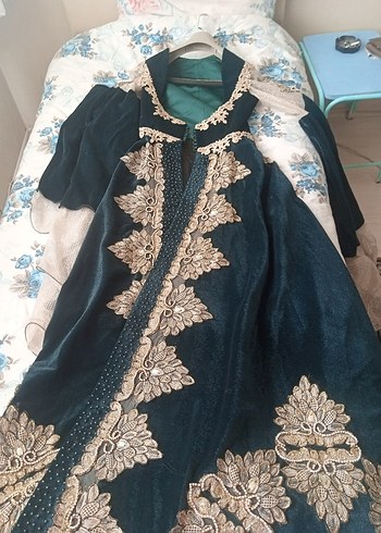 Uzun Turkuaz Nakışlı Bohem Kadın kaftan - Görsel 9