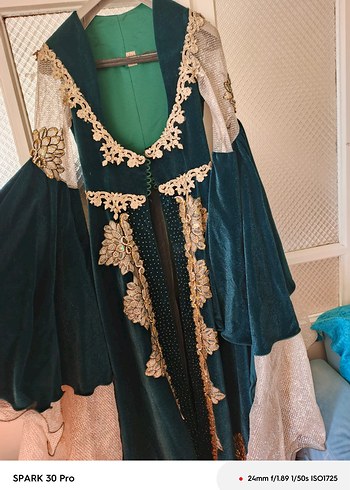 Uzun Turkuaz Nakışlı Bohem Kadın kaftan - Görsel 5