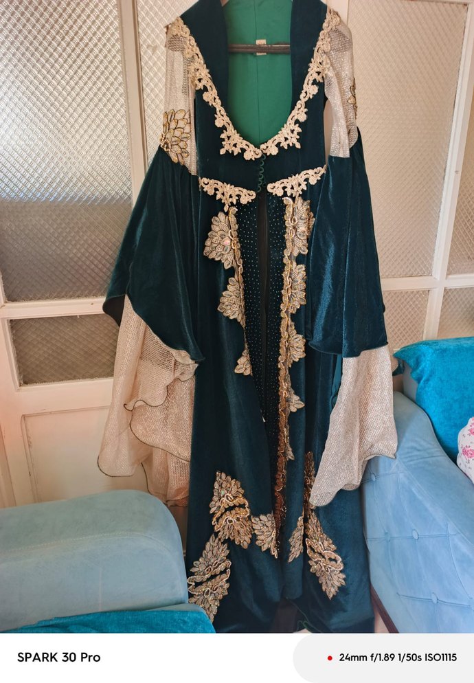 Uzun Turkuaz Nakışlı Bohem Kadın kaftan - Görsel 3