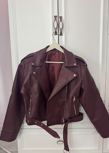 Bordo Kemerli Kadın Deri Ceket - Görsel 2