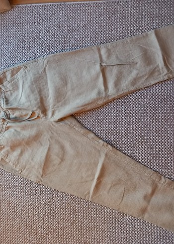 Düğmeli Bej Keten erkek Pantolon - Görsel 2