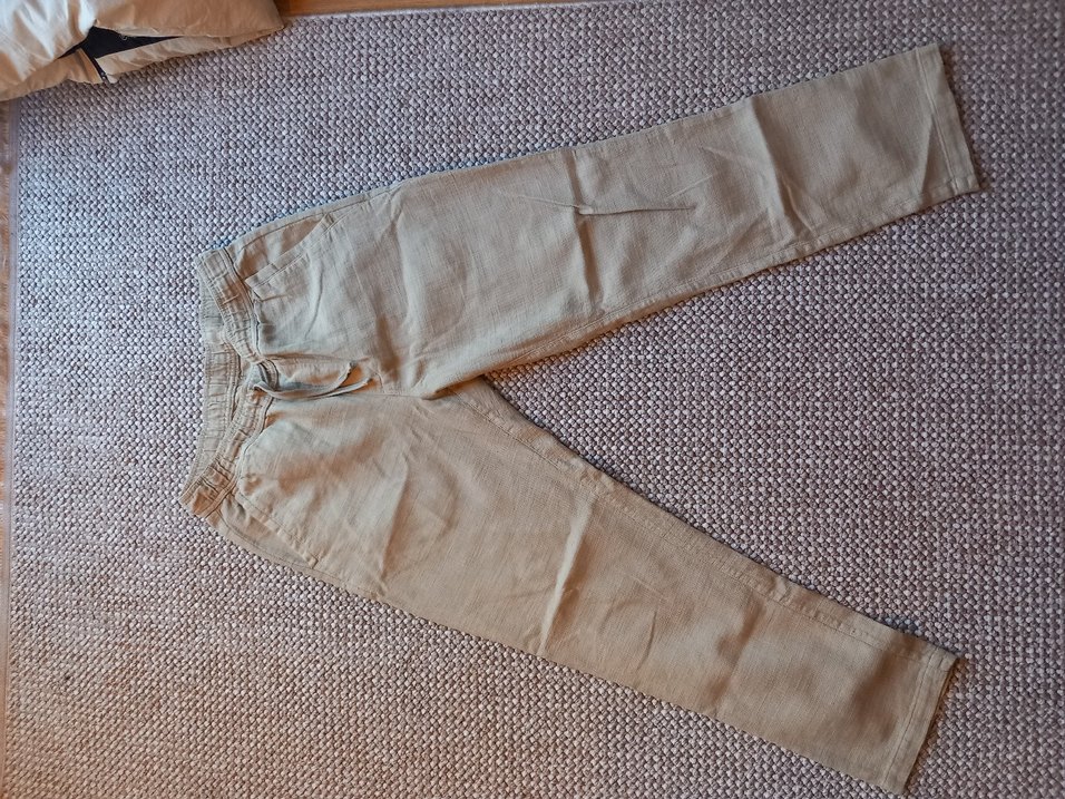 Düğmeli Bej Keten erkek Pantolon - Görsel 2