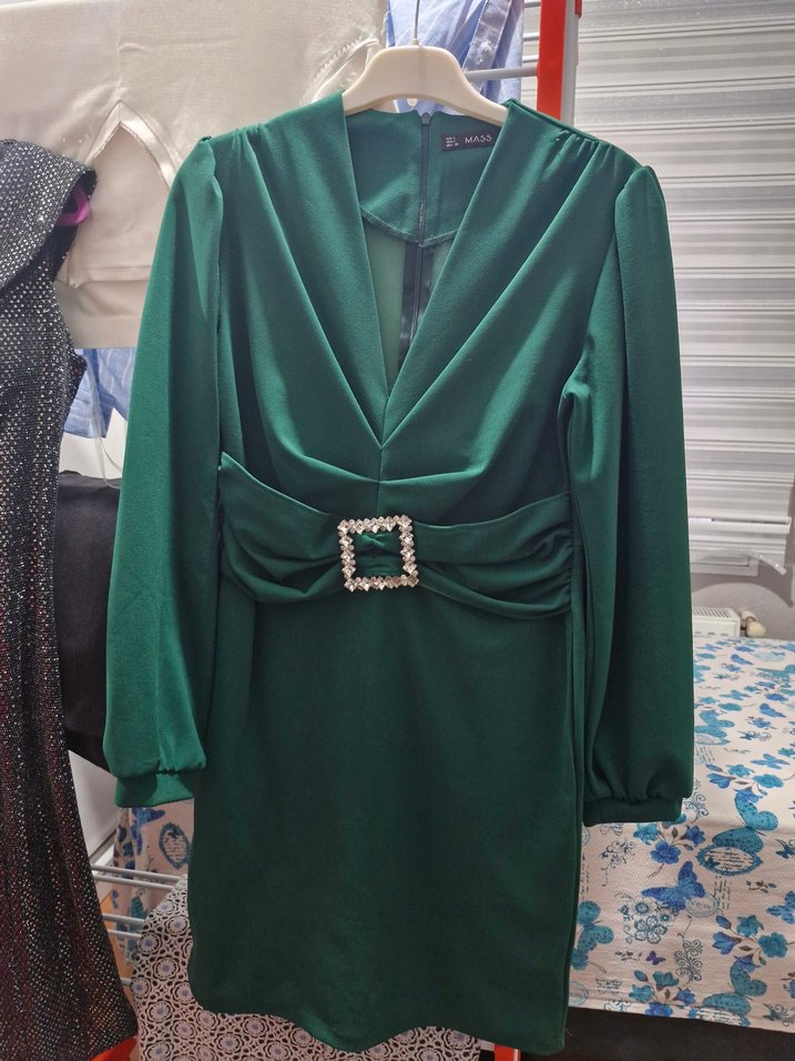 Yeşil V Yakalı Uzun Kollu Kadın Elbise - Görsel 2