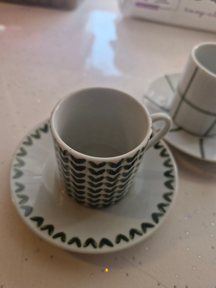 Gri ve Yeşil Desenli Seramik Fincan ve Tabak - Görsel 3