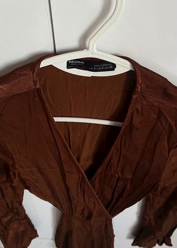 Uzun Kollu V Yakalı Kahverengi saten Mini Elbise - Görsel 3