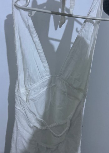 Beyaz Keten, Derin V Yaka Mini Elbise - Görsel 2