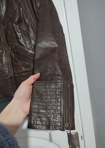 Kahverengi Deri Biker Ceket - Görsel 5