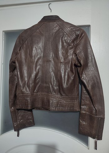 Kahverengi Deri Biker Ceket - Görsel 4