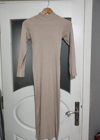 Bej Deri Kemerli Yüksek Yakalı Kadın Elbise - Görsel 3