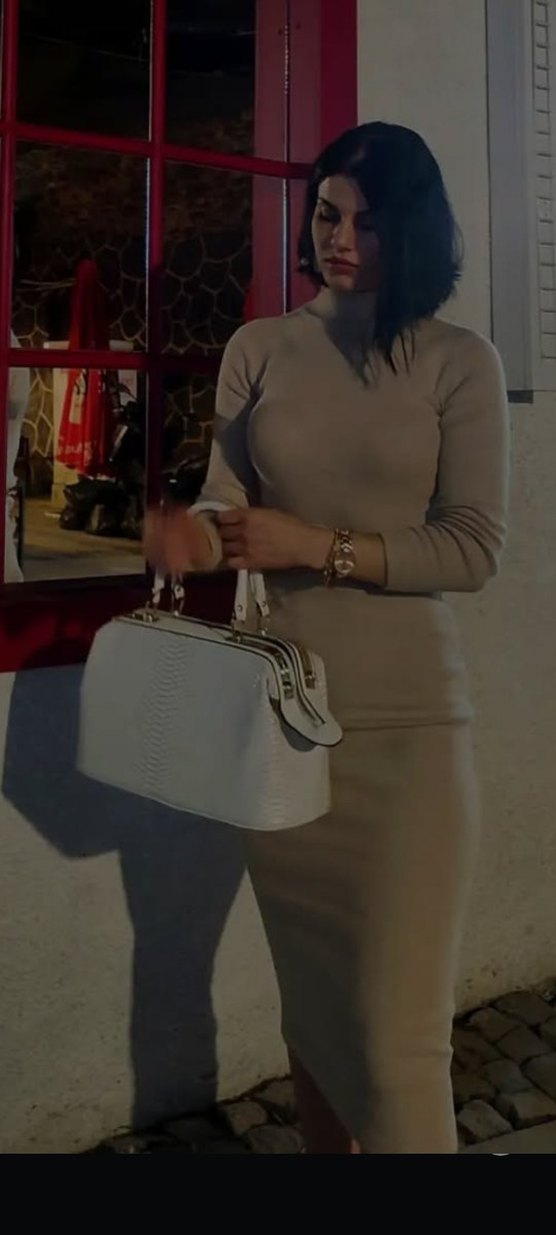 Bej Deri Kemerli Yüksek Yakalı Kadın Elbise - Görsel 2