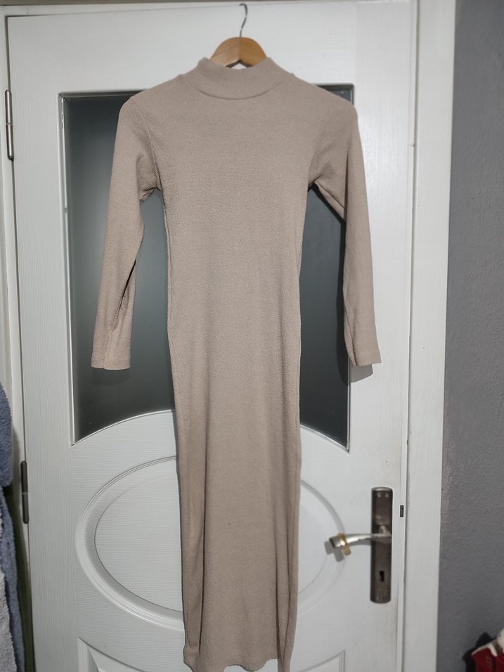 Bej Deri Kemerli Yüksek Yakalı Kadın Elbise - Görsel 3