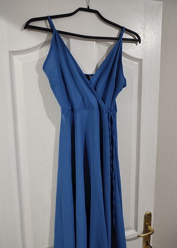 Mavi V Yaka Drapeli Uzun Elbise - Görsel 3