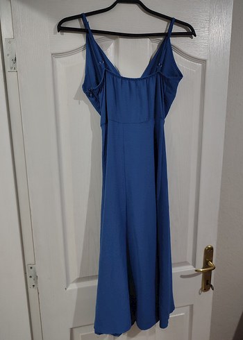 Mavi V Yaka Drapeli Uzun Elbise - Görsel 7