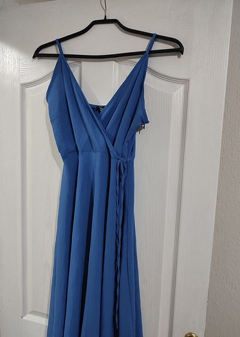 Mavi V Yaka Drapeli Uzun Elbise - Görsel 5