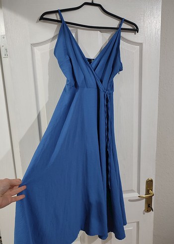 Mavi V Yaka Drapeli Uzun Elbise - Görsel 4