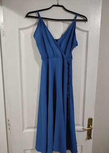 Mavi V Yaka Drapeli Uzun Elbise - Görsel 2