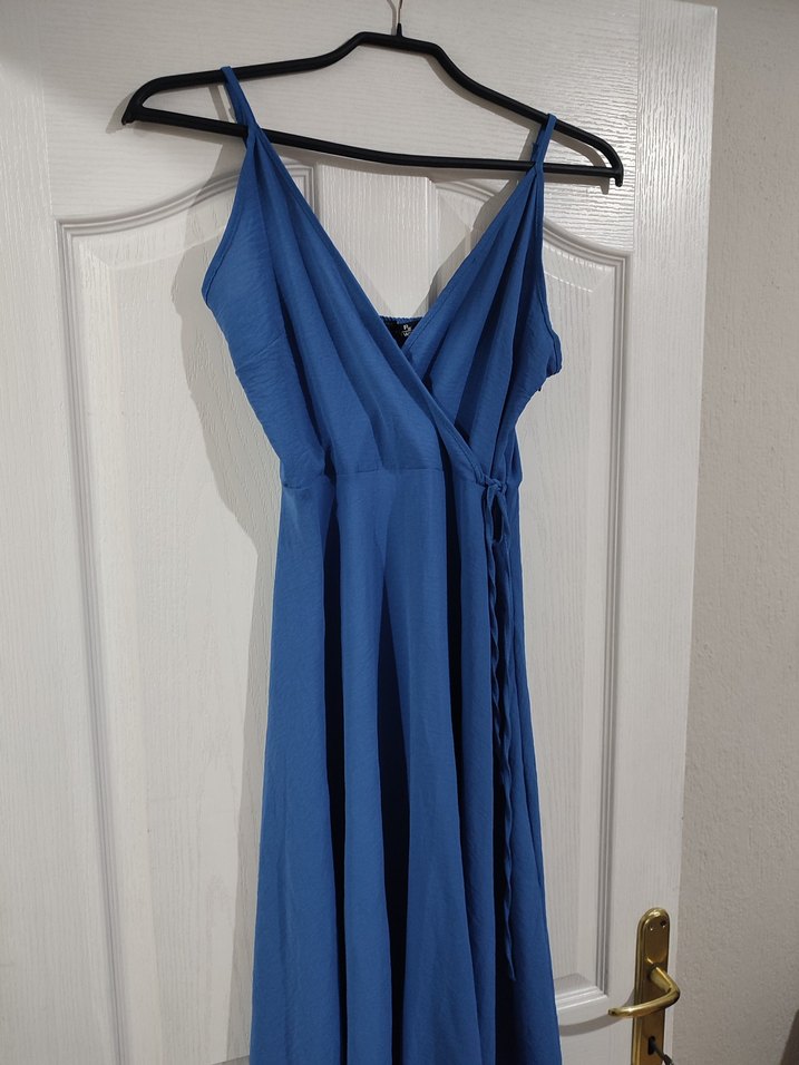 Mavi V Yaka Drapeli Uzun Elbise - Görsel 3