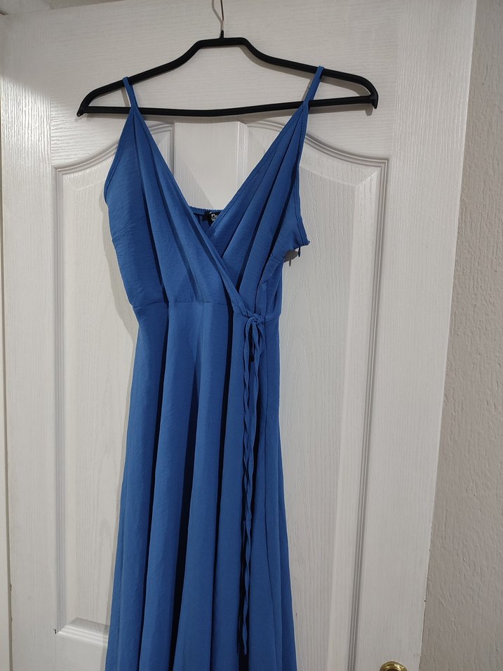 Mavi V Yaka Drapeli Uzun Elbise - Görsel 5