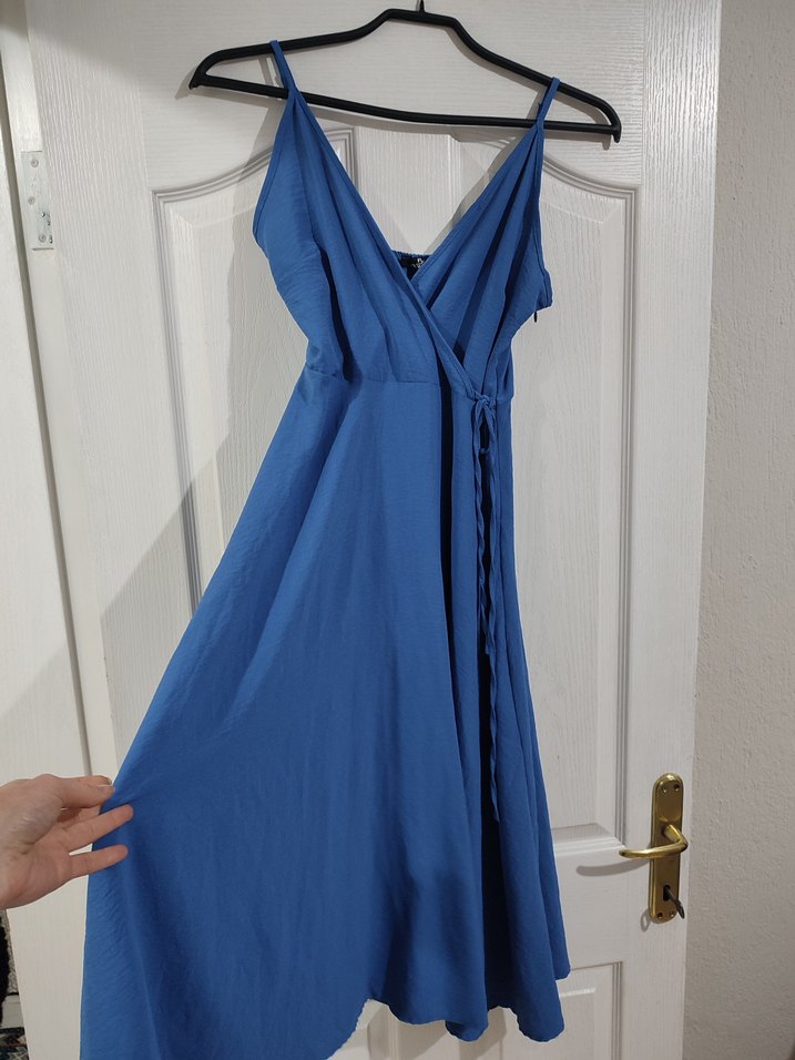 Mavi V Yaka Drapeli Uzun Elbise - Görsel 4