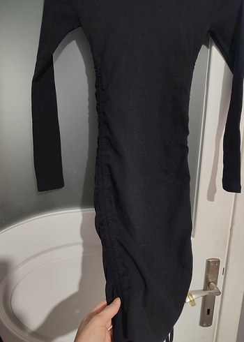 Drapeli Siyah Uzun Kollu Fit Triko Elbise - Görsel 3