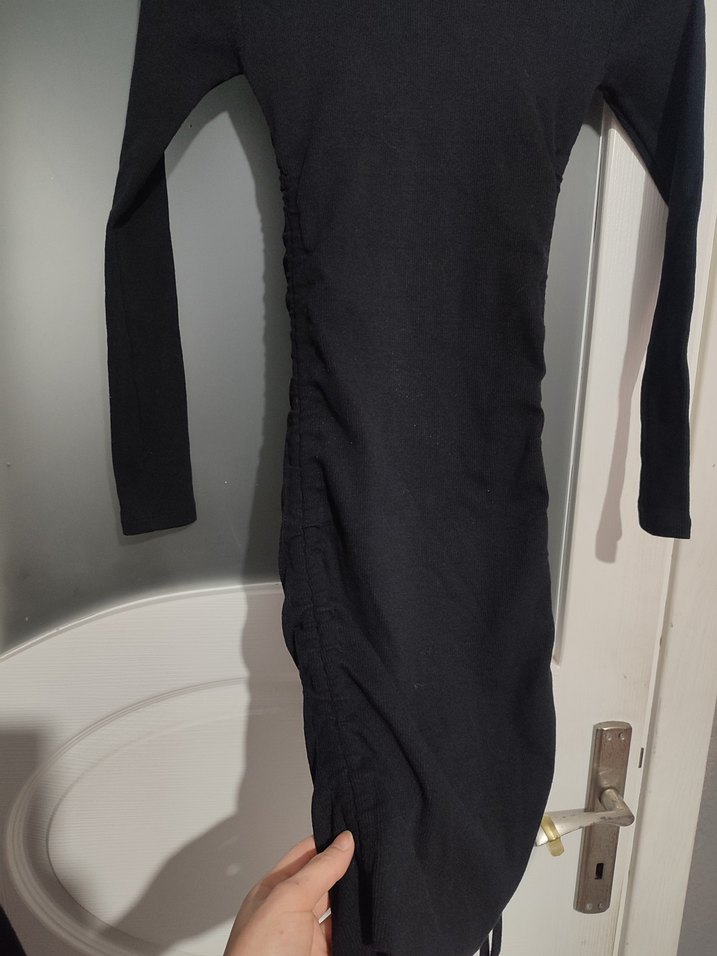 Drapeli Siyah Uzun Kollu Fit Triko Elbise - Görsel 3