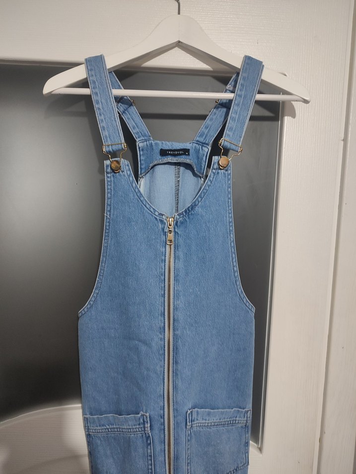 Fermuarlı Mavi Denim Mini Tulum - Görsel 4