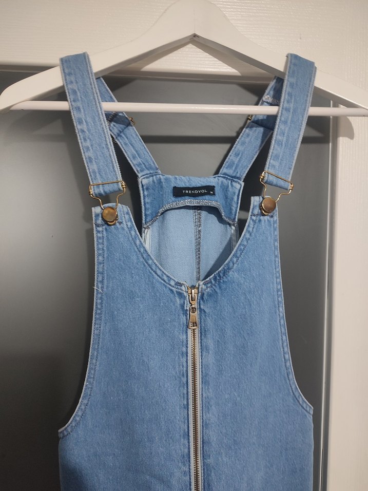 Fermuarlı Mavi Denim Mini Tulum - Görsel 2