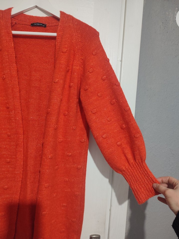 Kırmızı Örgü Kadın Midi Hırka - Görsel 2