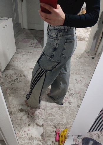 Gri Batik Desenli Bol Kesim Kadın Kot Pantolon - Görsel 7