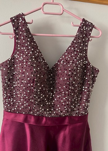 Bordo Payetli V Yaka Uzun Abiye Elbise - Görsel 2