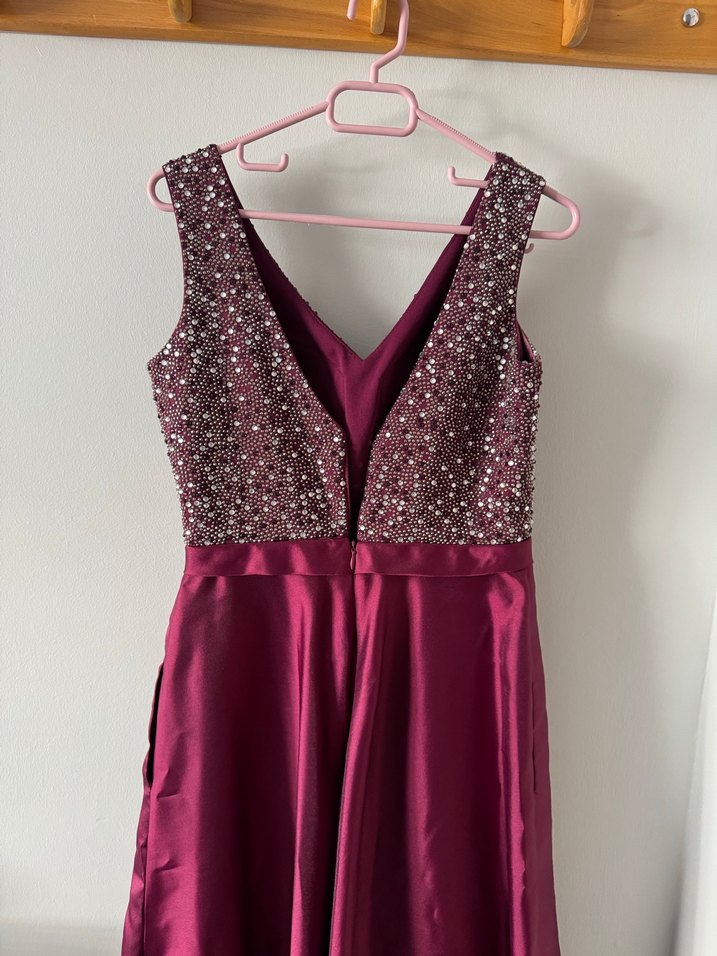 Bordo Payetli V Yaka Uzun Abiye Elbise - Görsel 3